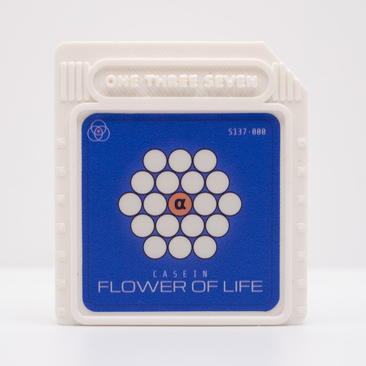 Flower of Life NFC game cart, front: white shell, blue Flower of Life sticker, S137·000